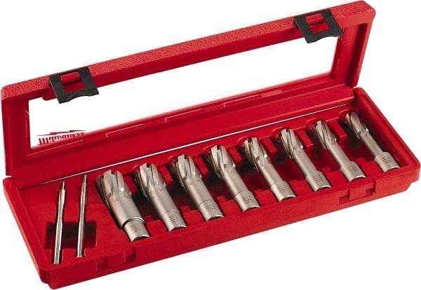 Milwaukee Tool - 8 Piece, 9/16 to 1-1/16" Cutter Diam, 2" Cutting Depth, Carbide-Tipped Annular Cutter Set - 9/16, 5/8, 11/16, 3/4, 13/16, 7/8, 15/16, 1-1/16" Cutter Diam - Industrial Tool & Supply