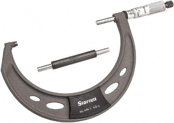 Starrett - 4 to 5" Range, 0.0001" Graduation, Mechanical Outside Micrometer - Ratchet Thimble, 2-3/4" Throat Depth, Accurate to 0.0001" - Industrial Tool & Supply