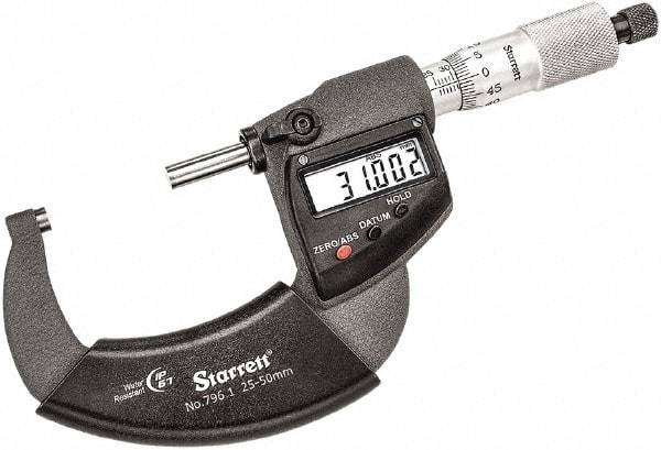 Starrett - 25 to 50mm Range, 0.001mm Graduation, Mechanical Outside Micrometer - Ratchet Thimble, 30mm Throat Depth, Accurate to 0.001mm - Industrial Tool & Supply