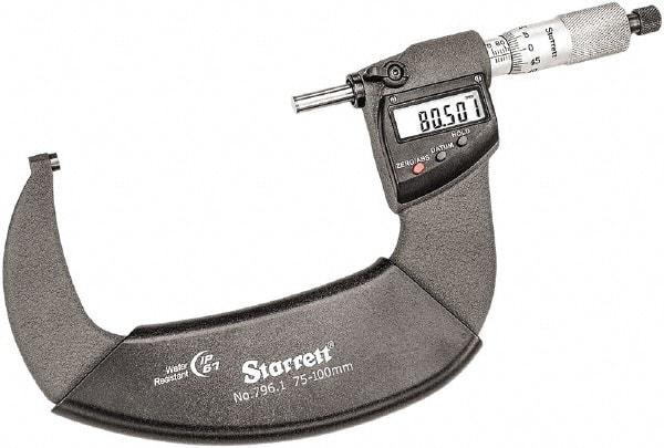 Starrett - 75 to 100mm Range, 0.001mm Graduation, Mechanical Outside Micrometer - Ratchet Thimble, 55mm Throat Depth, Accurate to 0.001mm - Industrial Tool & Supply