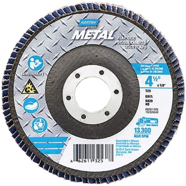 Norton - 80 Grit, 4-1/2" Disc Diam, 7/8" Center Hole, Type 29 Zirconia Alumina Flap Disc - 13,300 Max RPM, Fiberglass Backing, Arbor Attaching System, Coated - Industrial Tool & Supply