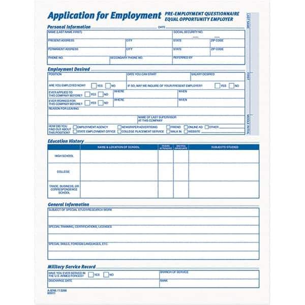 TOPS - 25 Sheet, 17 x 11", Employment Application Form - Purple & White - Industrial Tool & Supply