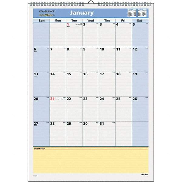 AT-A-GLANCE - 12 Sheet, 12 x 17", Wall Calendar - Blue & Yellow - Industrial Tool & Supply