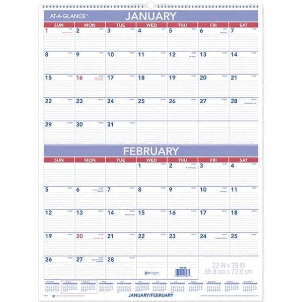 AT-A-GLANCE - 6 Sheet, 22 x 29", Wall Calendar - Blue & White - Industrial Tool & Supply