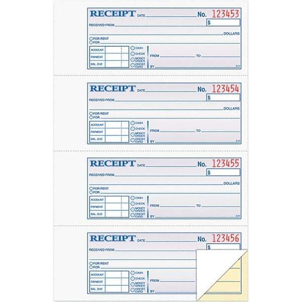 TOPS - 200 Sheet, 7-1/8 x 2-3/4", Receipt Book - Blue, White & Yellow - Industrial Tool & Supply