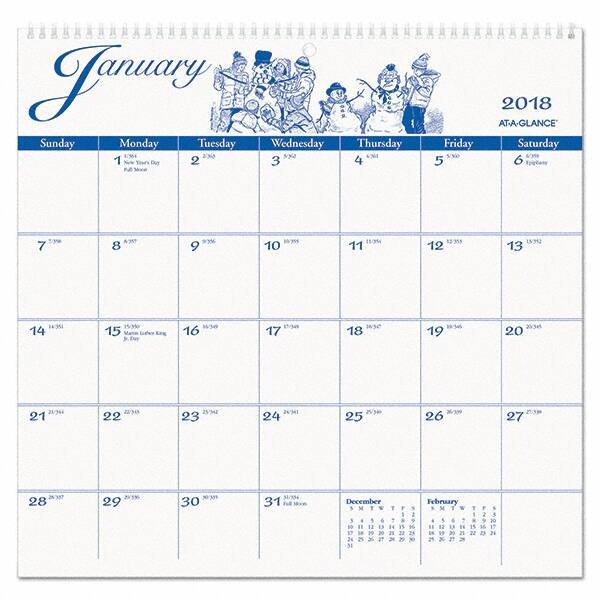AT-A-GLANCE - 12 Sheet, 12 x 11-3/4", Wall Calendar - White - Industrial Tool & Supply