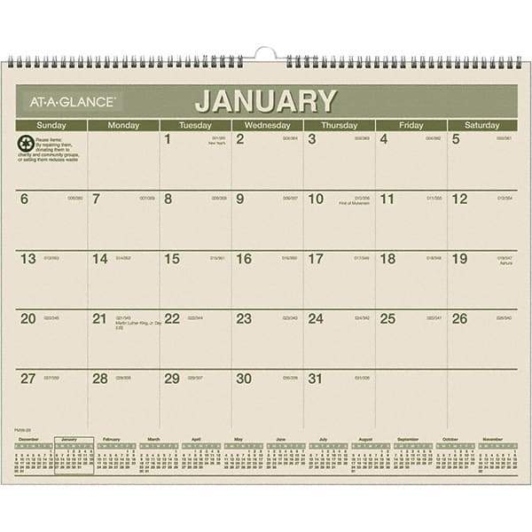 AT-A-GLANCE - 12 Sheet, 15 x 12", Wall Calendar - Green & White - Industrial Tool & Supply