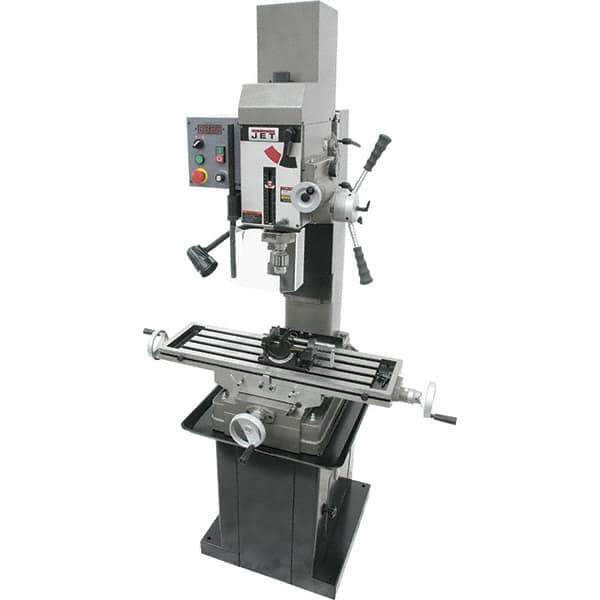Jet - 3 Phase, 19-11/16" Swing, Geared Head Mill Drill Combination - 32-1/4" Table Length x 9-1/2" Table Width, 20-1/2" Longitudinal Travel, 8-1/4" Cross Travel, Variable Spindle Speeds, 1.5 hp, 230 Volts - Industrial Tool & Supply