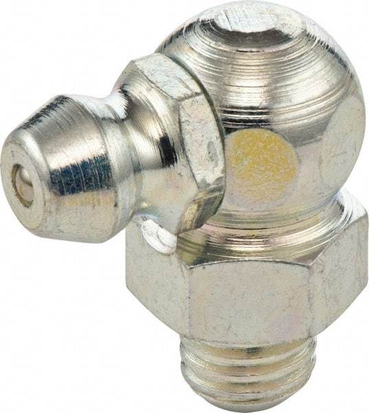 Umeta - 90° Head Angle, M6x0.75 Metric Steel Standard Grease Fitting - 9mm Hex, 18mm Overall Height, 5.5mm Shank Length, Zinc Plated Finish - Industrial Tool & Supply