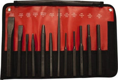 Mayhew - 12 Piece Cold Chisel, Prick, Center, Solid & Pin Punch Set - 5/16 to 3/4" Chisel, 5/32 to 3/8" Punch, Hex Shank - Industrial Tool & Supply