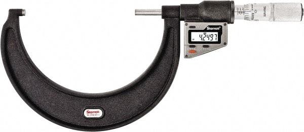 Starrett - 101 to 127 mm Range, 0.0001" Resolution, Standard Throat, Electronic Outside Micrometer - 0.0002" Accuracy, Friction Thimble, Micro Lapped Carbide Face, CR2450 Battery, Includes 3V Battery - Industrial Tool & Supply