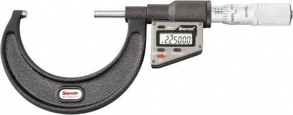 Starrett - 50.8 to 76 mm Range, 0.0001" Resolution, Standard Throat, Electronic Outside Micrometer - 0.0001" Accuracy, Friction Thimble, Micro Lapped Carbide Face, CR2450 Battery, Includes 3V Battery - Industrial Tool & Supply