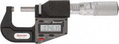 Starrett - 0 to 25 mm Range, 0.0001" Resolution, Standard Throat, Electronic Outside Micrometer - 0.0001" Accuracy, Friction Thimble, Micro Lapped Carbide Face, CR2450 Battery, Includes 3V Battery - Industrial Tool & Supply