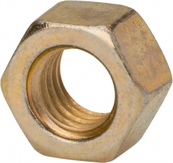Made in USA - 9/16-18 UNF Steel Right Hand Hex Nut - 7/8" Across Flats, 31/64" High, Zinc Yellow Dichromate Finish - Industrial Tool & Supply