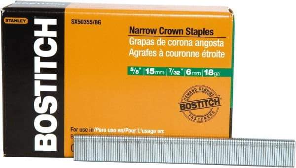 Stanley Bostitch - 5/8" Long x 7/32" Wide, 18 Gauge Narrow Crown Construction Staple - Steel, Chisel Point - Industrial Tool & Supply
