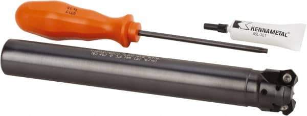 Kennametal - 45° Lead Angle, 33.58mm Max Cut Diam, 1" Min Cut Diam, 3.23mm Max Depth of Cut, Indexable Chamfer and Angle End Mill - 3 Inserts, HNGJ 0604ANENLD Insert Style, 203.2mm Overall Length, Through Coolant, Straight Shank - Industrial Tool & Supply