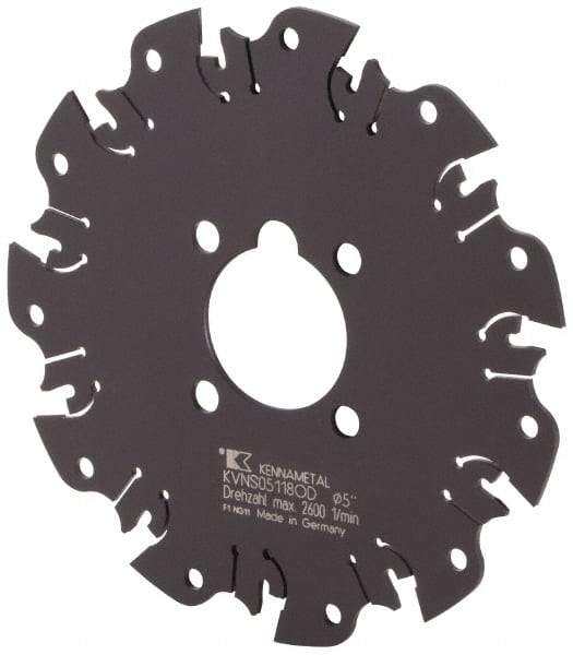 Kennametal - Arbor Hole Connection, 1/8" Cutting Width, 1-3/8" Depth of Cut, 5" Cutter Diam, 1-1/4" Hole Diam, 11 Tooth Indexable Slotting Cutter - KVNS Toolholder, OD 3118.. Insert - Industrial Tool & Supply