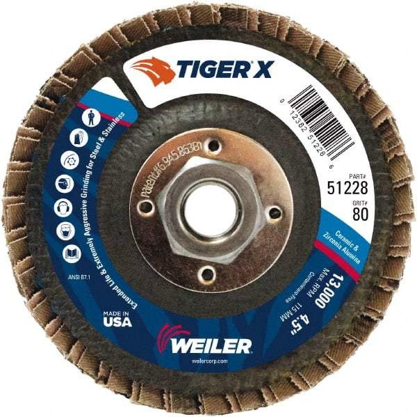 Weiler - 181 Grit, 4-1/2" Disc Diam, 5/8-11 Center Hole, Type 27 Zirconia Alumina Flap Disc - 13,000 Max RPM, Phenolic Backing, Arbor Attaching System, Coated - Industrial Tool & Supply