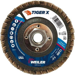 Weiler - 181 Grit, 4-1/2" Disc Diam, 5/8-11 Center Hole, Type 27 Zirconia Alumina Flap Disc - 13,000 Max RPM, Phenolic Backing, Arbor Attaching System, Coated - Industrial Tool & Supply