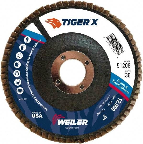 Weiler - 501 Grit, 5" Disc Diam, 7/8" Center Hole, Type 29 Zirconia Alumina Flap Disc - 12,000 Max RPM, Phenolic Backing, Arbor Attaching System, Coated - Industrial Tool & Supply