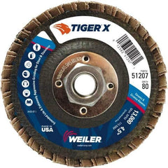 Weiler - 181 Grit, 4-1/2" Disc Diam, 5/8-11 Center Hole, Type 29 Zirconia Alumina Flap Disc - 13,000 Max RPM, Phenolic Backing, Arbor Attaching System, Coated - Industrial Tool & Supply
