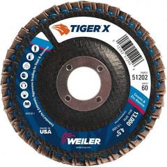 Weiler - 251 Grit, 4-1/2" Disc Diam, 7/8" Center Hole, Type 29 Zirconia Alumina Flap Disc - 13,000 Max RPM, Phenolic Backing, Arbor Attaching System, Coated - Industrial Tool & Supply