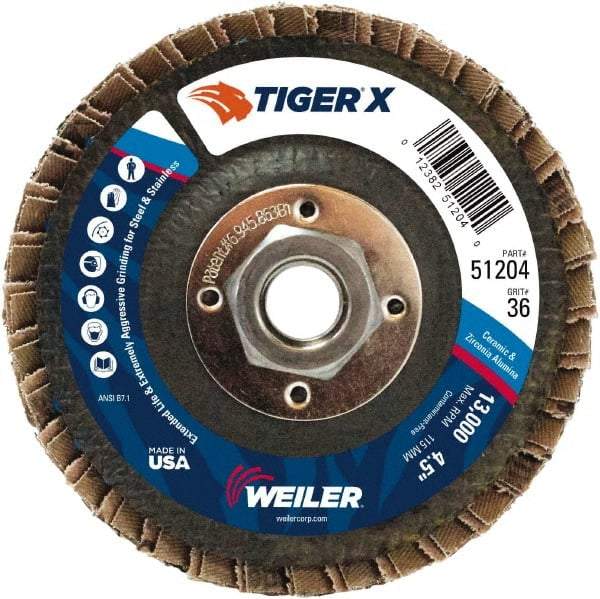 Weiler - 501 Grit, 4-1/2" Disc Diam, 5/8-11 Center Hole, Type 29 Zirconia Alumina Flap Disc - 13,000 Max RPM, Phenolic Backing, Quick Change Type S Attaching System, Coated - Industrial Tool & Supply