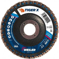 Weiler - 501 Grit, 4-1/2" Disc Diam, 7/8" Center Hole, Type 29 Zirconia Alumina Flap Disc - 13,000 Max RPM, Phenolic Backing, Arbor Attaching System, Coated - Industrial Tool & Supply
