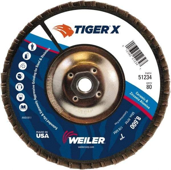 Weiler - 181 Grit, 7" Disc Diam, 5/8-11 Center Hole, Type 27 Zirconia Alumina Flap Disc - 8,600 Max RPM, Phenolic Backing, Arbor Attaching System, Coated - Industrial Tool & Supply