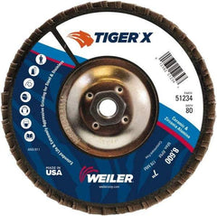 Weiler - 181 Grit, 7" Disc Diam, 5/8-11 Center Hole, Type 27 Zirconia Alumina Flap Disc - 8,600 Max RPM, Phenolic Backing, Arbor Attaching System, Coated - Industrial Tool & Supply