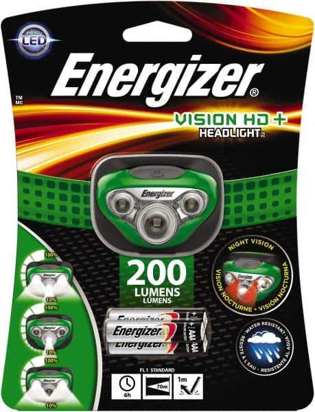 Energizer - White, Red LED Bulb, 200 Lumens, Hands-free Flashlight - Green Plastic Body, 3 AAA Alkaline Batteries Included - Industrial Tool & Supply