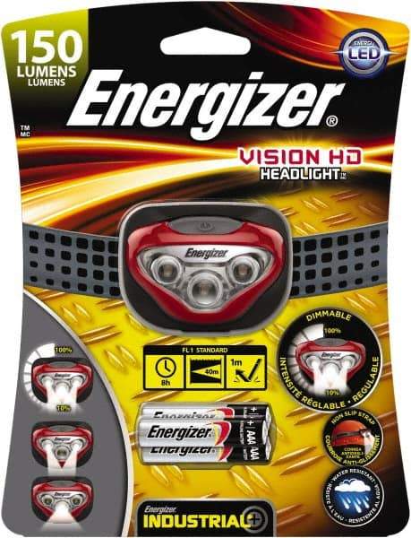 Energizer - White LED Bulb, 180 Lumens, Hands-free Flashlight - Red, Gray Plastic Body, 3 AAA Alkaline Batteries Included - Industrial Tool & Supply
