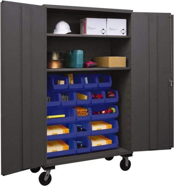 Durham - 2 Shelf 18 Bin Mobile Storage Cabinet - Steel, 48" Wide x 24" Deep x 80" High, Blue - Industrial Tool & Supply