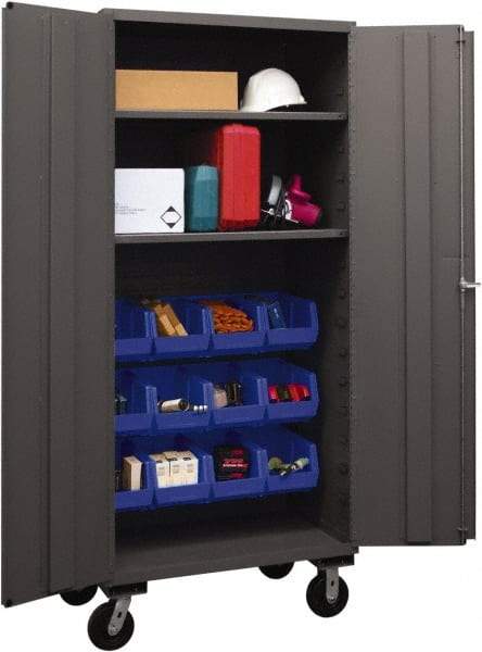 Durham - 2 Shelf 12 Bin Mobile Storage Cabinet - Steel, 36" Wide x 24" Deep x 80" High, Blue - Industrial Tool & Supply
