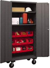 Durham - 2 Shelf 12 Bin Mobile Storage Cabinet - Steel, 36" Wide x 24" Deep x 80" High, Red - Industrial Tool & Supply