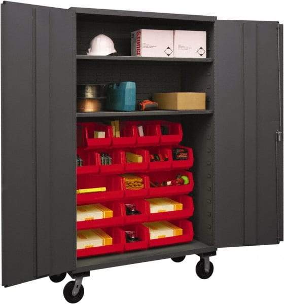 Durham - 2 Shelf 18 Bin Mobile Storage Cabinet - Steel, 48" Wide x 24" Deep x 80" High, Red - Industrial Tool & Supply