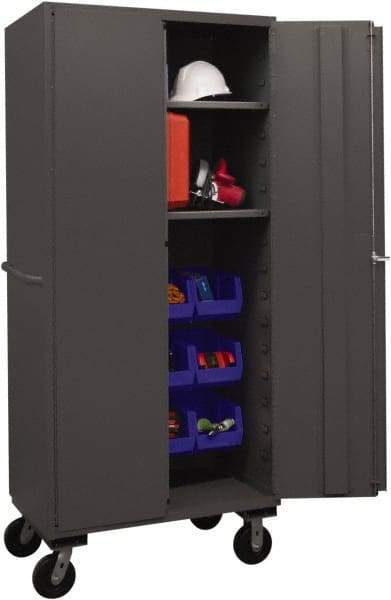Durham - 2 Shelf 12 Bin Mobile Storage Cabinet - Steel, 36" Wide x 24" Deep x 80" High, Blue - Industrial Tool & Supply