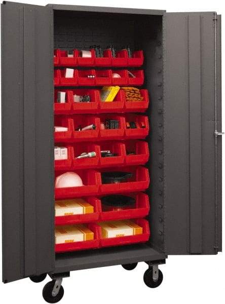 Durham - 30 Bin Mobile Storage Cabinet - Steel, 36" Wide x 24" Deep x 80" High, Red - Industrial Tool & Supply