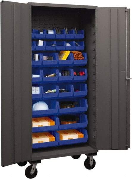 Durham - 30 Bin Mobile Storage Cabinet - Steel, 36" Wide x 24" Deep x 80" High, Blue - Industrial Tool & Supply