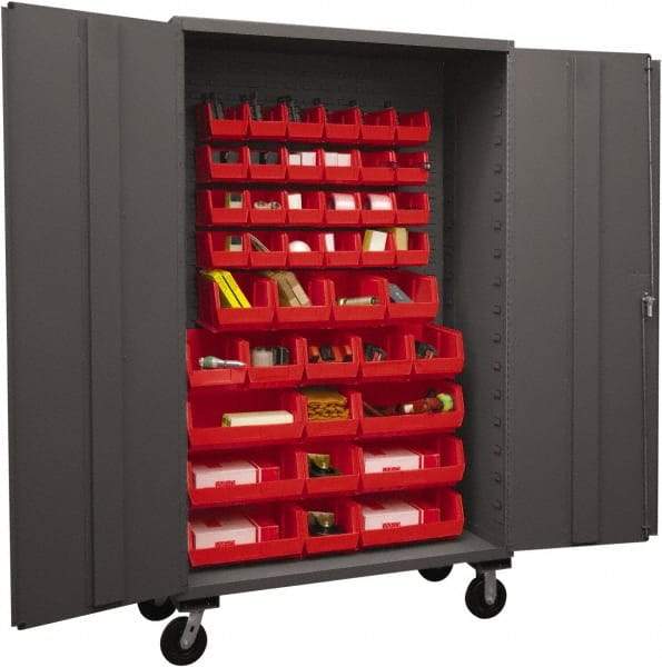Durham - 42 Bin Mobile Storage Cabinet - Steel, 48" Wide x 24" Deep x 80" High, Red - Industrial Tool & Supply