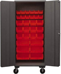 Durham - 30 Bin Mobile Storage Cabinet - Steel, 36" Wide x 24" Deep x 80" High, Red - Industrial Tool & Supply