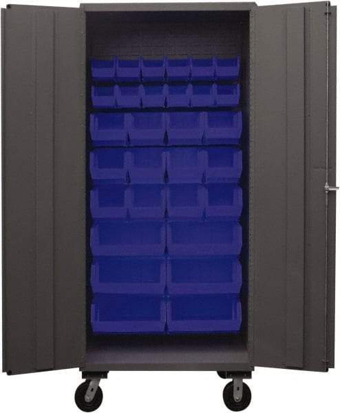 Durham - 30 Bin Mobile Storage Cabinet - Steel, 36" Wide x 24" Deep x 80" High, Blue - Industrial Tool & Supply