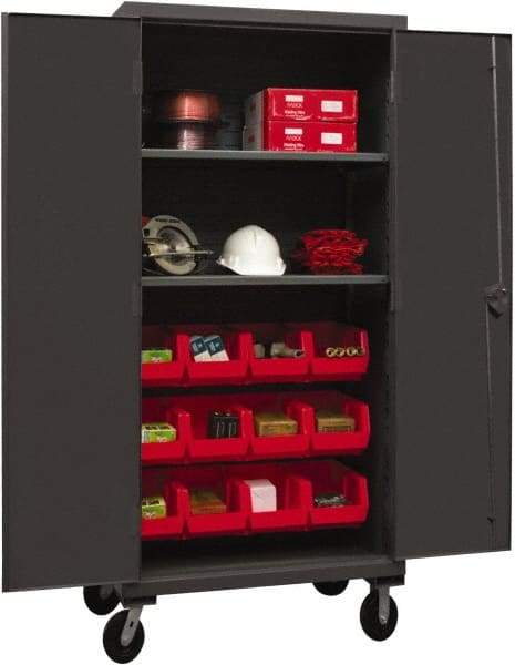 Durham - 2 Shelf 12 Bin Mobile Storage Cabinet - Steel, 36" Wide x 24" Deep x 80" High, Red - Industrial Tool & Supply