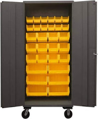 Durham - 30 Bin Mobile Storage Cabinet - Steel, 36" Wide x 24" Deep x 80" High, Yellow - Industrial Tool & Supply
