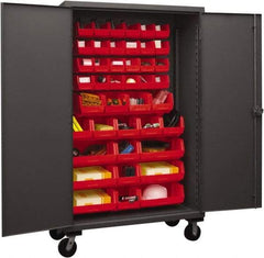 Durham - 42 Bin Mobile Storage Cabinet - Steel, 48" Wide x 24" Deep x 80" High, Red - Industrial Tool & Supply
