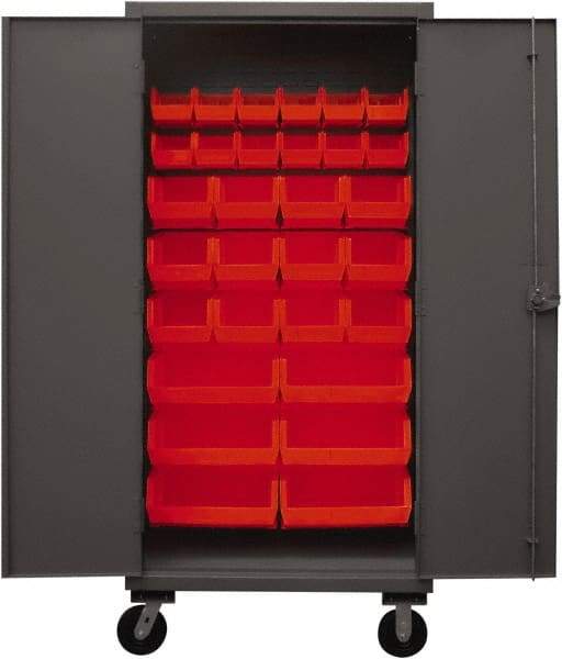 Durham - 30 Bin Mobile Storage Cabinet - Steel, 36" Wide x 24" Deep x 80" High, Red - Industrial Tool & Supply
