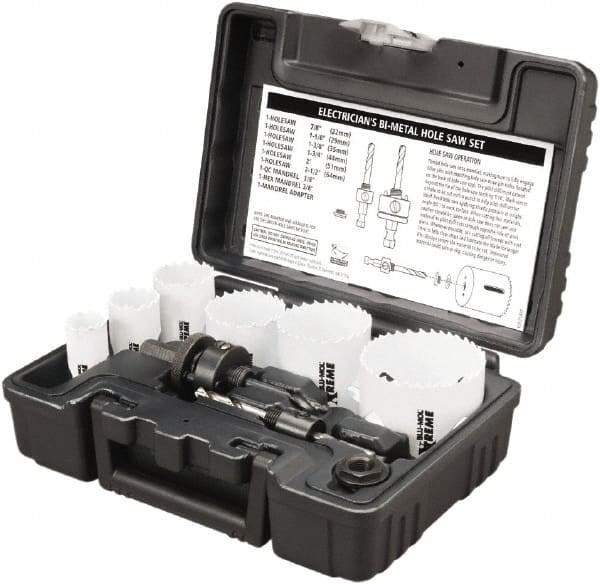 Disston - 9 Piece, 7/8" to 2-1/2" Saw Diam, Electrician's Hole Saw Kit - Bi-Metal, Toothed Edge, Pilot Drill Model No. E0102457, Includes 6 Hole Saws - Industrial Tool & Supply