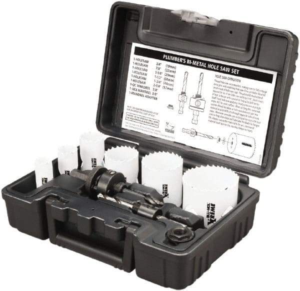 Disston - 9 Piece, 3/4" to 2-1/4" Saw Diam, Plumber's Hole Saw Kit - Bi-Metal, Toothed Edge, Pilot Drill Model No. E0102457, Includes 6 Hole Saws - Industrial Tool & Supply