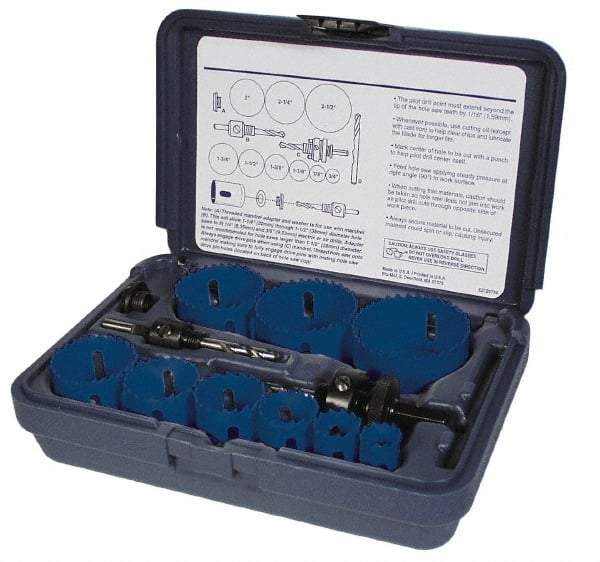 Disston - 7 Piece, 7/8" to 1-1/2" Saw Diam, General Purpose Hole Saw Kit - Bi-Metal, Toothed Edge, Pilot Drill Model No. E0102457, Includes 5 Hole Saws - Industrial Tool & Supply