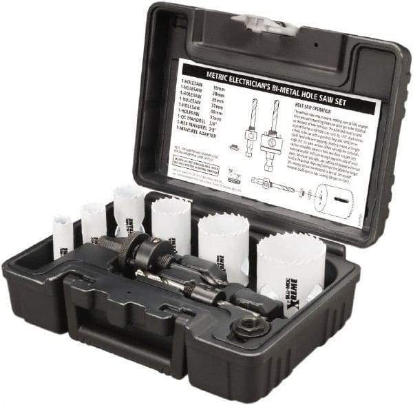 Disston - 9 Piece, 16mm to 51" Saw Diam, Electrician's Hole Saw Kit - Bi-Metal, Toothed Edge, Pilot Drill Model No. E0102457, Includes 6 Hole Saws - Industrial Tool & Supply